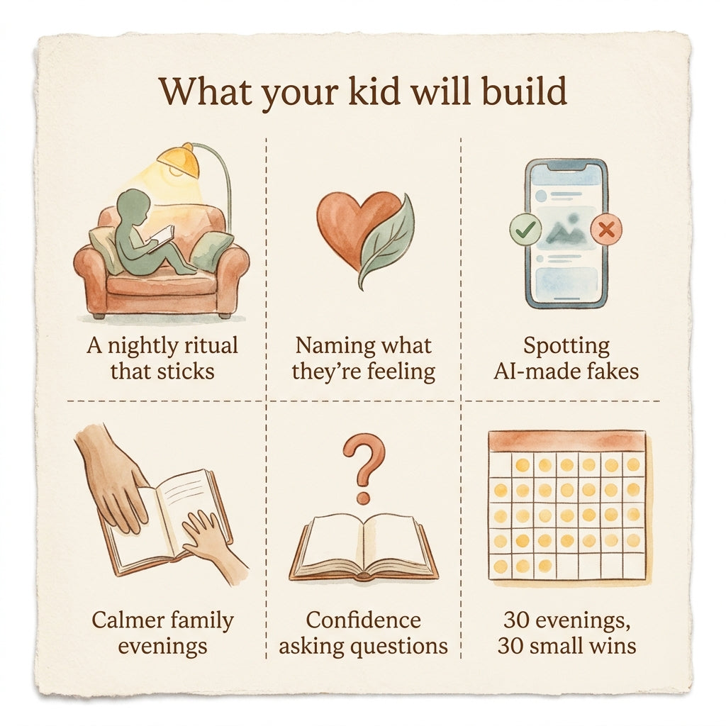 What your kid will build with 30 Evenings — Daily AI Rituals for Ages 8–12 — six watercolor panels