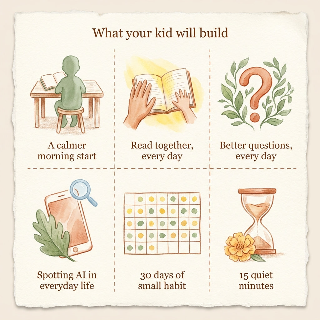 What your kid will build with 30 Mornings — Daily AI Rituals for Ages 6–9 — six watercolor panels