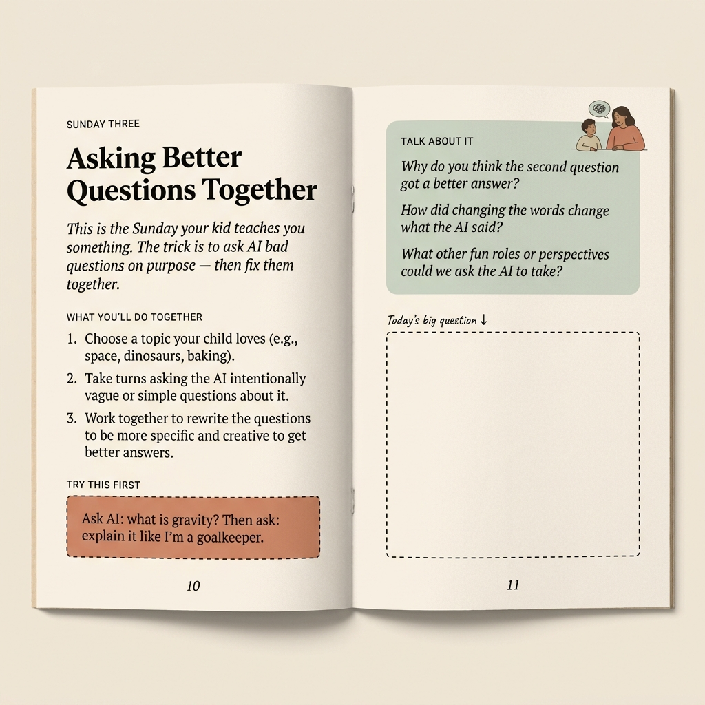 Sample spread from AI Sundays — Sunday Three: Asking Better Questions Together — interior page preview