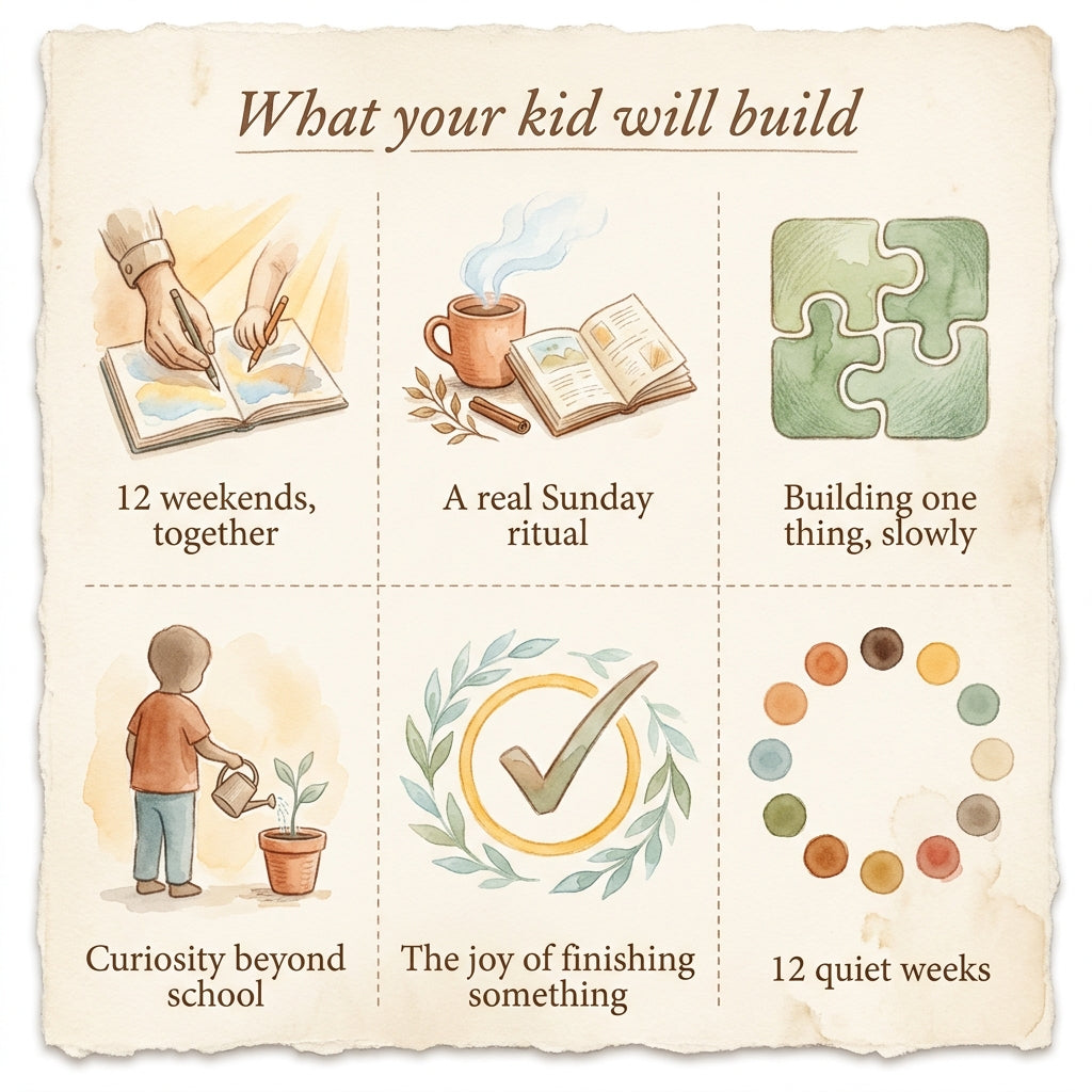 What your kid will build with AI Sundays with Your Kid — 12 Weekends, Together, Ages 8–13 — six watercolor panels