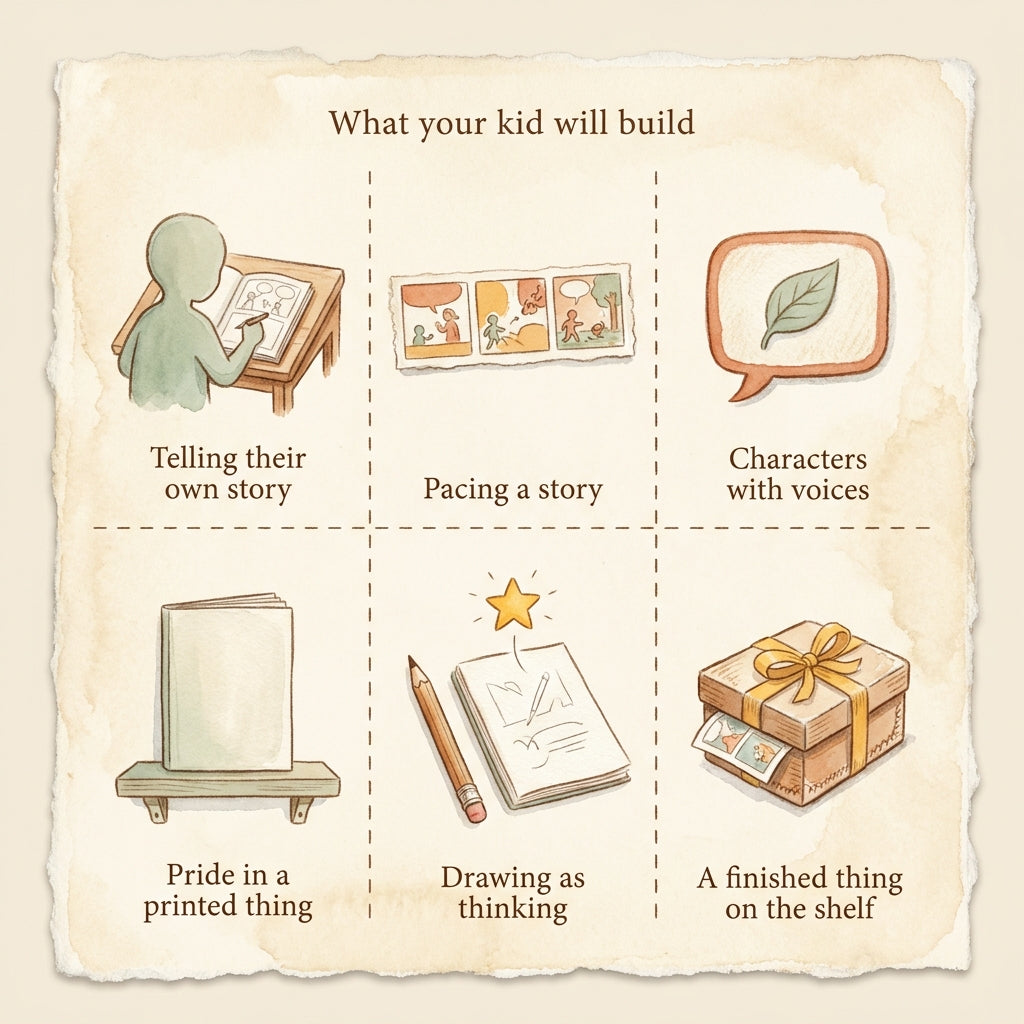 What your kid will build with Build-Your-Own Comic Kit — Make Your Own Stories for Ages 6–13 — six watercolor panels