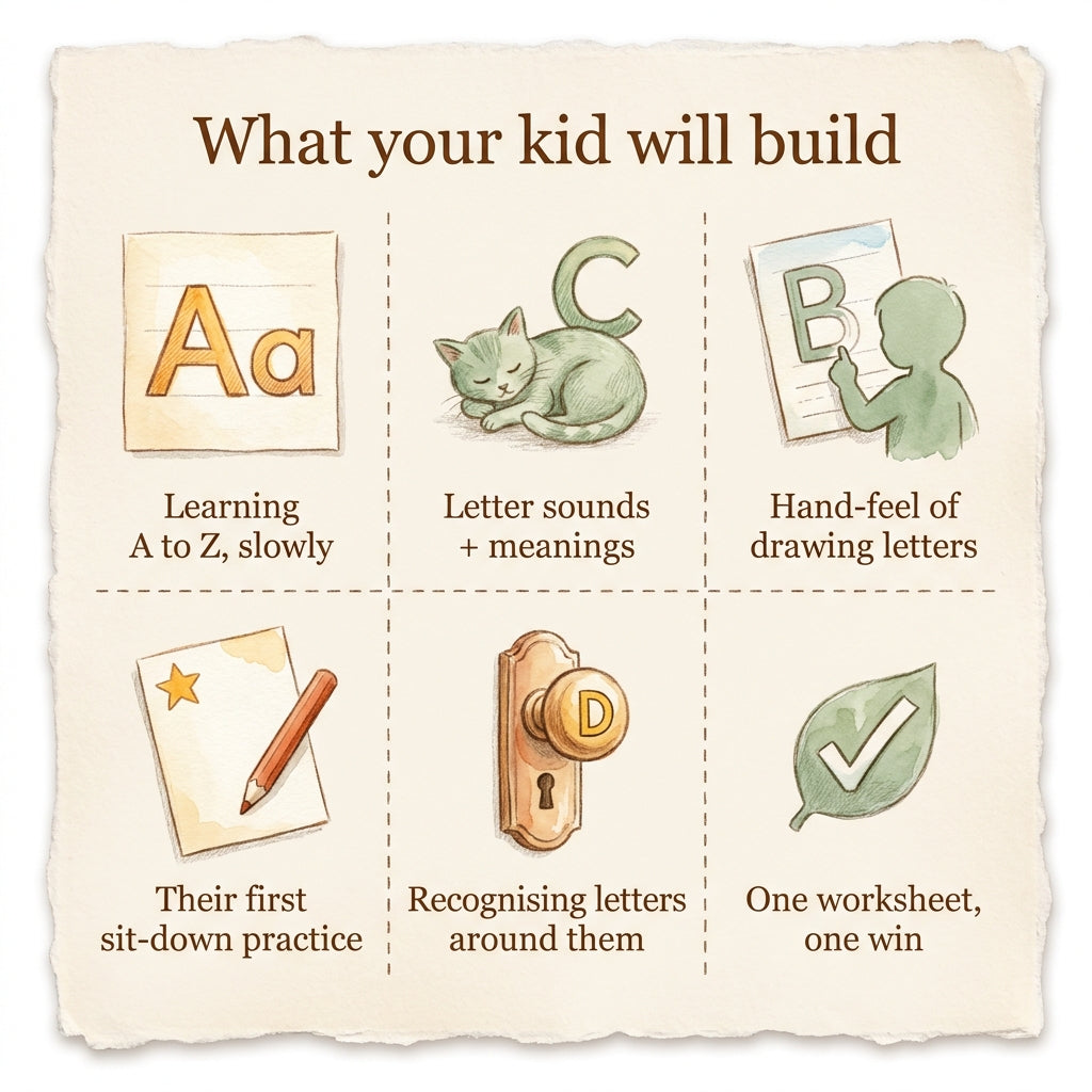 What your kid will build with Chip's Alphabet Friends — A to Z Printable Worksheets for Ages 3–6 — six watercolor panels
