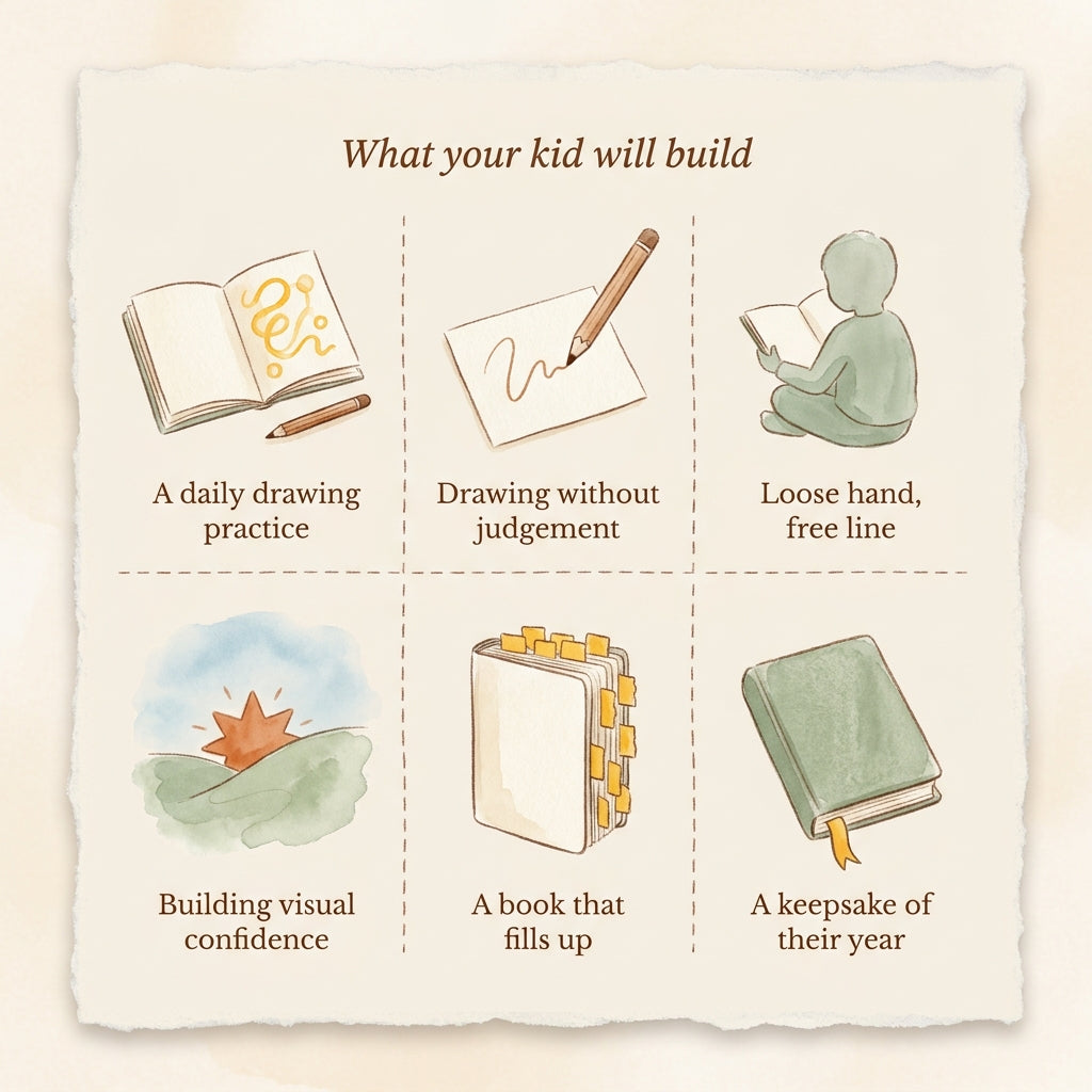 What your kid will build with Doodle-a-Day Sketchbook — Daily Drawing for Ages 6–9 — six watercolor panels
