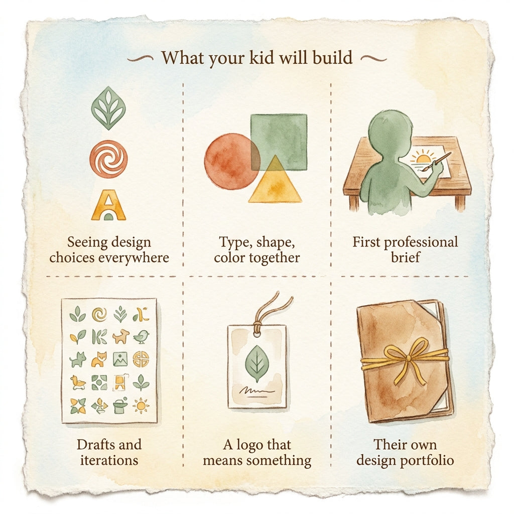 What your kid will build with Logo Lab — Designing Logos for Ages 8–13 — six watercolor panels