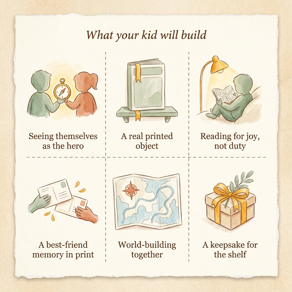 What your kid will build with Me & My Best Friend — A custom adventure comic — six watercolor panels
