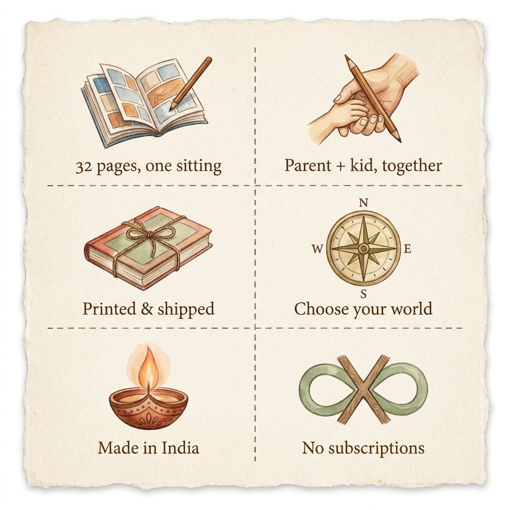 Why parents pick Me & My Best Friend — 32 pages, parent + kid together, printed & shipped, Choose your world, made in India, no subscriptions