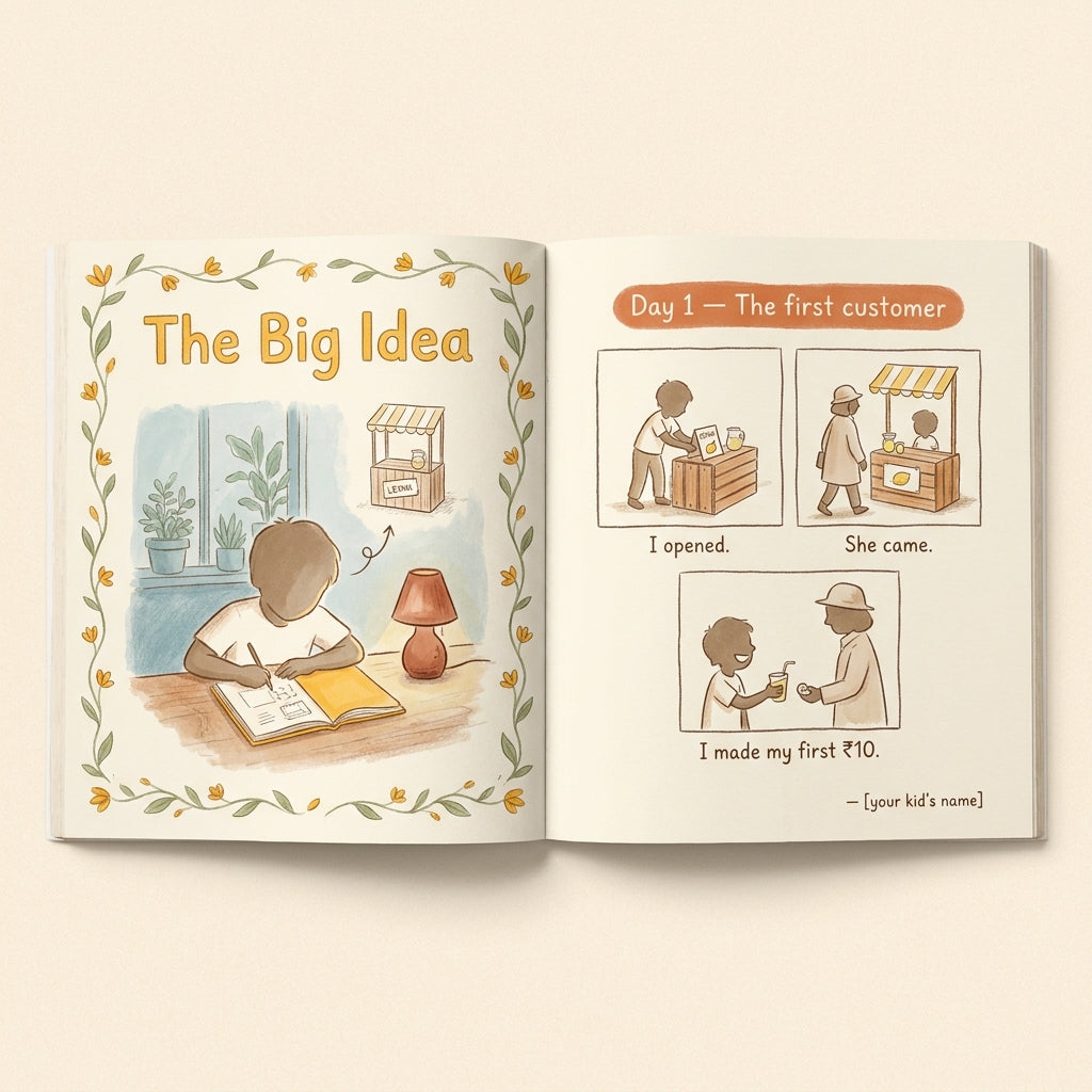 Sample spread from The Founder — The Big Idea scene on the left, Day 1 — The first customer on the right