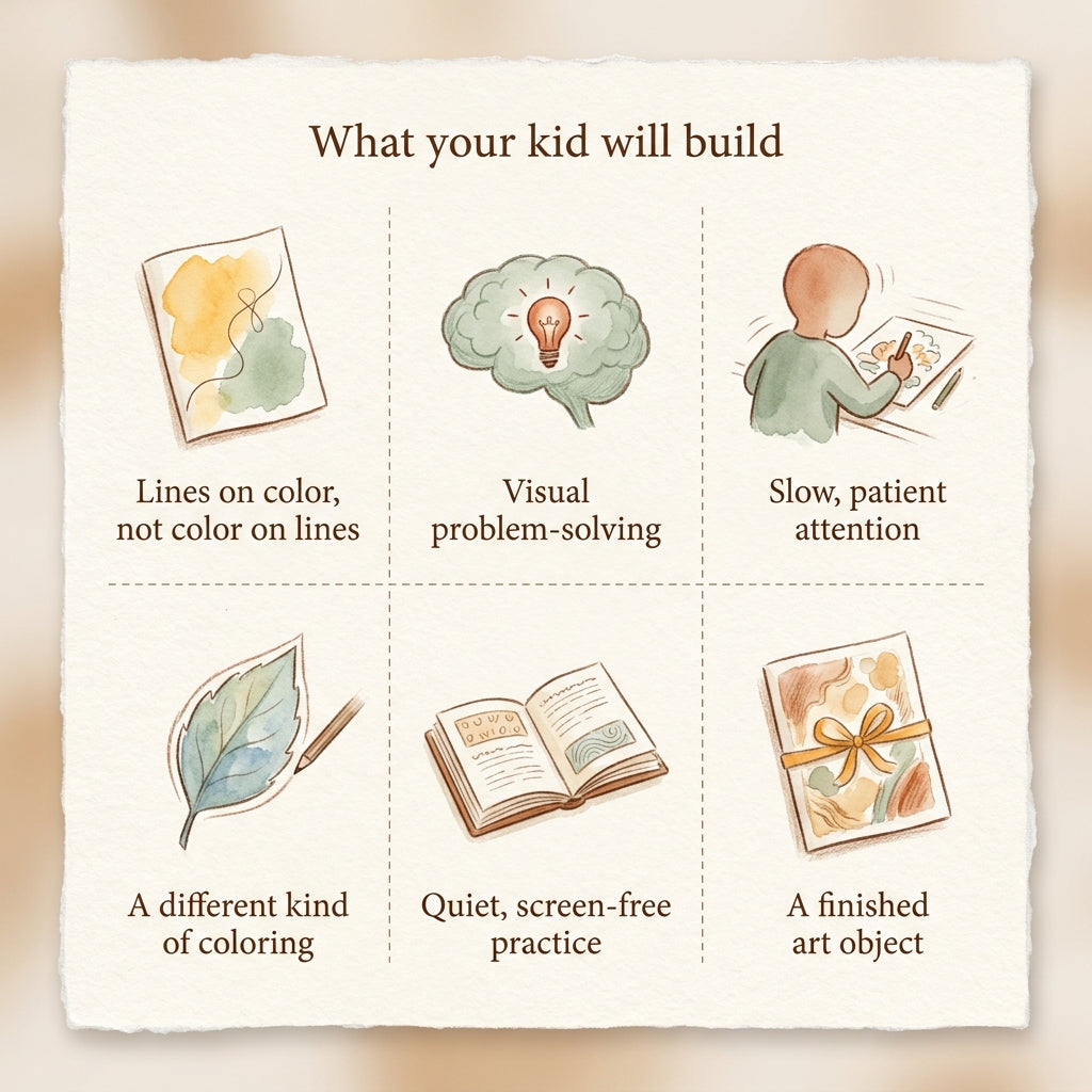 What your kid will build with The Reverse Coloring Book — Lines on Color for Ages 6–13 — six watercolor panels