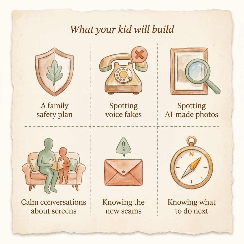 What your kid will build with AI Safety for Indian Families — six watercolor panels