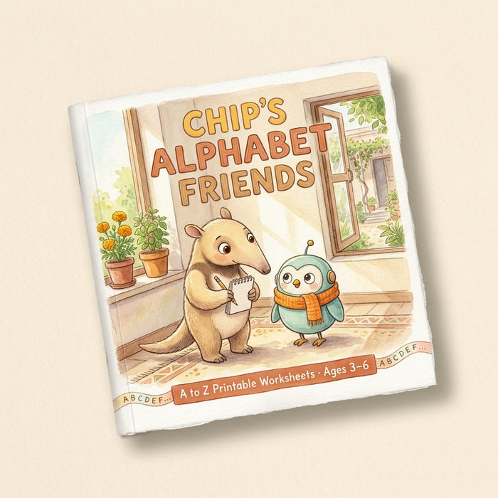 Chip's Alphabet Friends — A to Z printable worksheets paperback cover with Anya the Anteater and Chip the Robot Owl