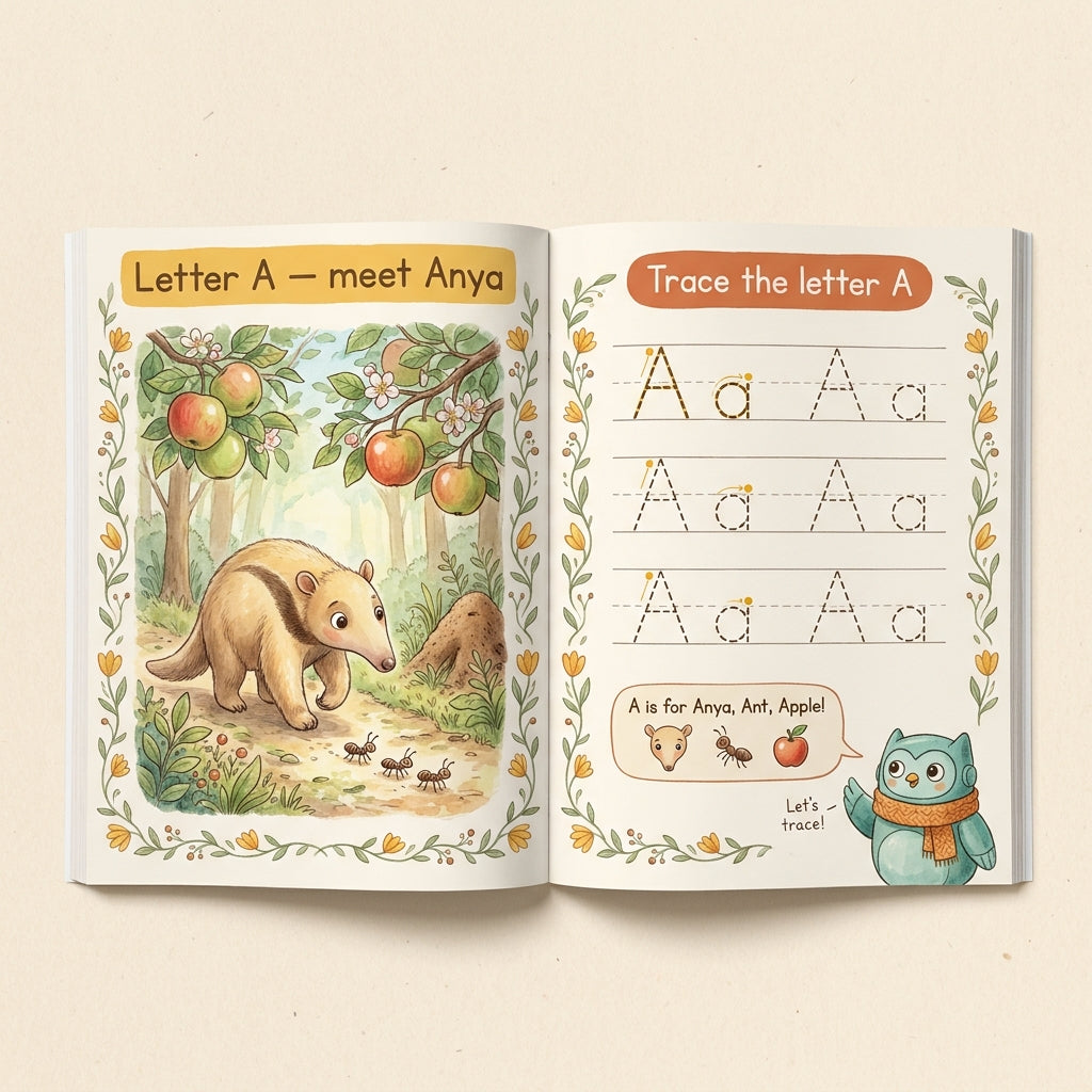Sample spread from Letter A — Anya the Anteater scene on the left, trace-the-letter-A worksheet with Chip on the right