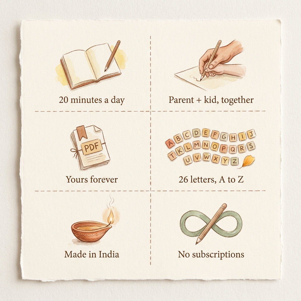 Why parents pick Chip's Alphabet Friends — 20 minutes a day, parent + kid together, yours forever, 26 letters A to Z, made in India, no subscriptions