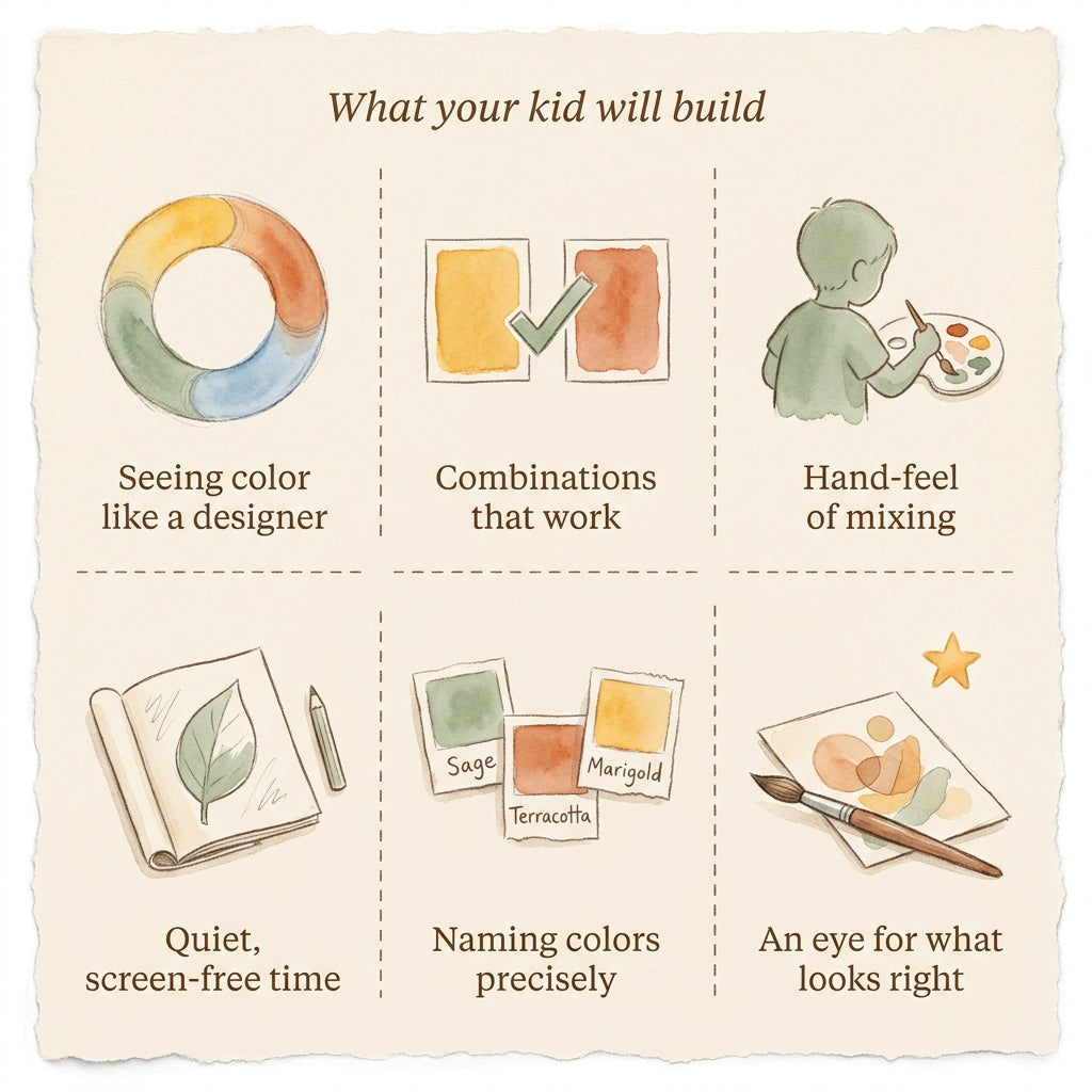 What your kid will build with Color Theory for Kids — A Coloring Book That Teaches Design — six watercolor panels