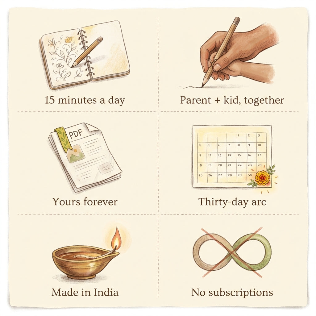 What's included: 15 minutes a day, parent + kid together, yours forever, 30-day arc, made in India, no subscriptions [ng-trust-image-v1]