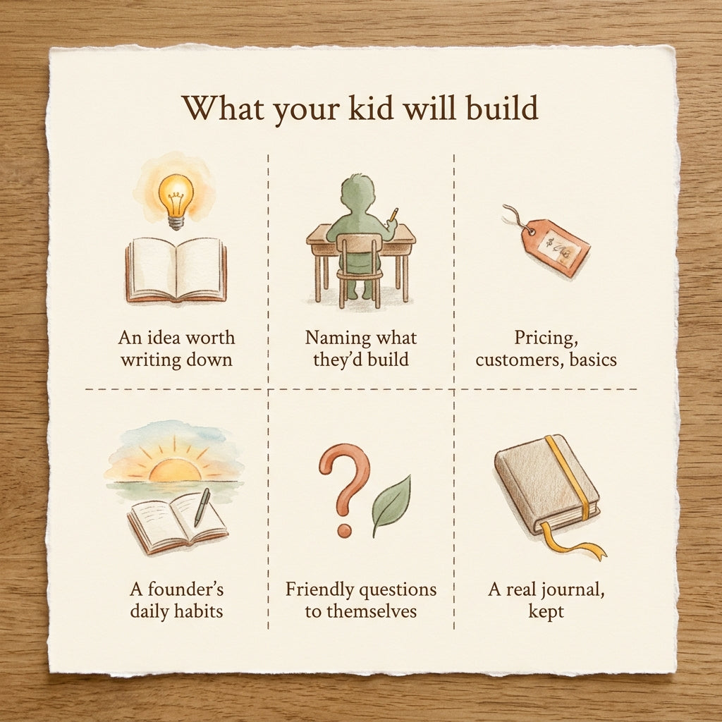 What your kid will build with Kid CEO Journal — Think Like a Founder for Ages 8–13 — six watercolor panels