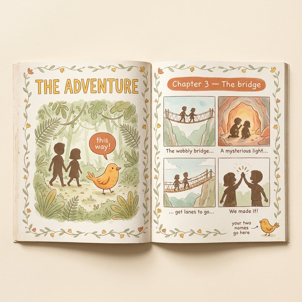 Sample spread from Me & My Best Friend — The Adventure scene on the left, Chapter 3 — The bridge on the right
