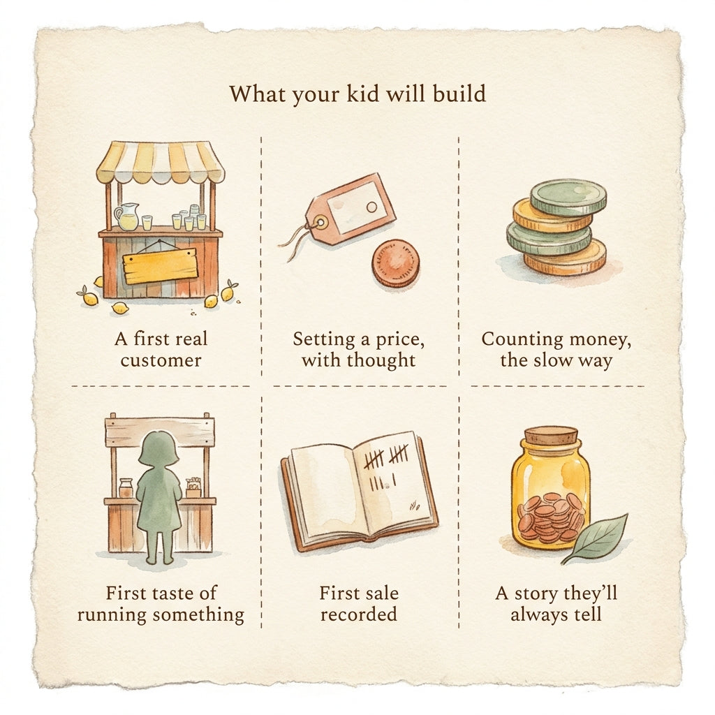 What your kid will build with My First Lemonade Stand — Run a Real Tiny Business for Ages 8–13 — six watercolor panels
