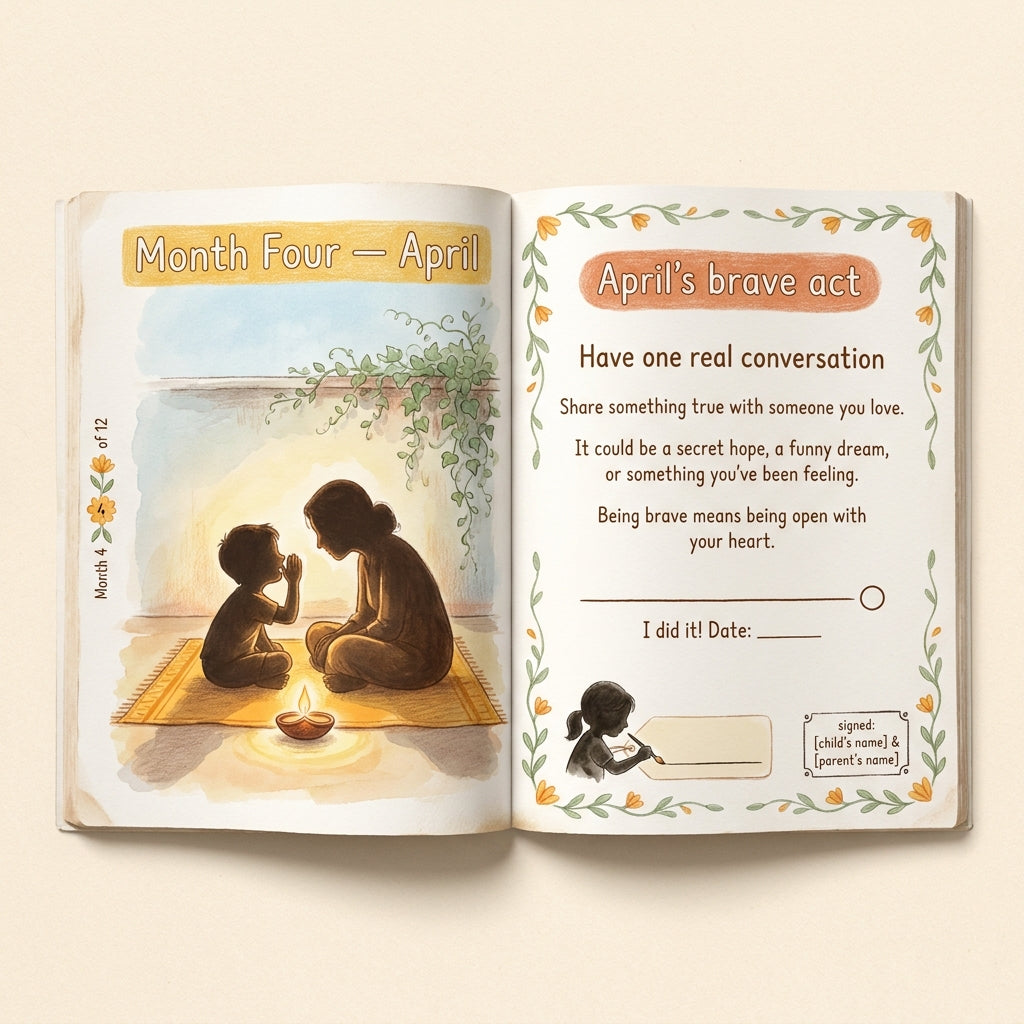 Sample spread from The Brave Year — Month Four — April scene on the left, April's brave act on the right