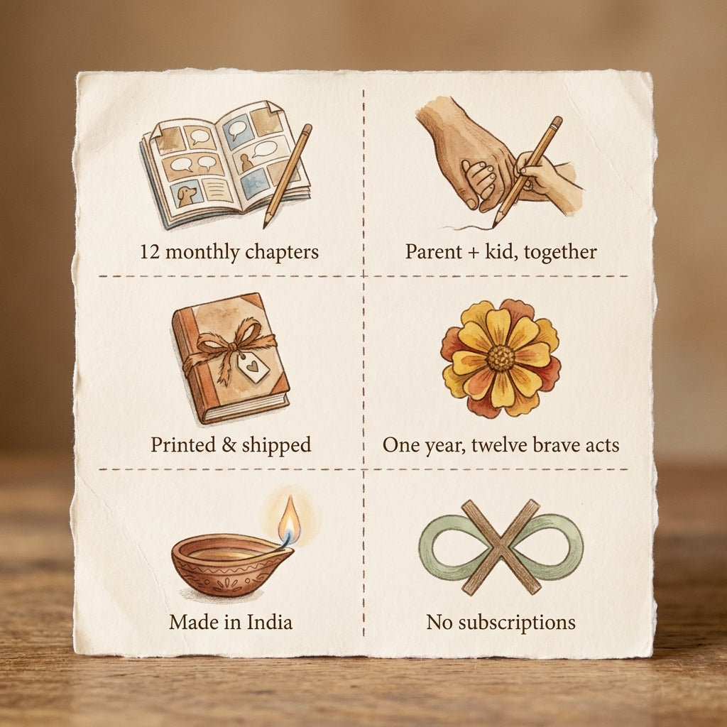 Why parents pick The Brave Year — 32 pages, parent + kid together, printed & shipped, One year, twelve brave acts, made in India, no subscriptions