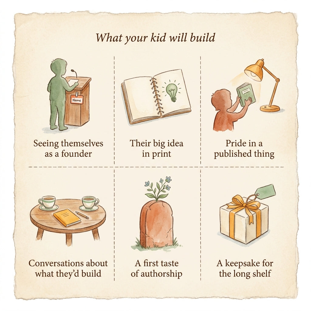 What your kid will build with The Founder — My kid's origin story — six watercolor panels
