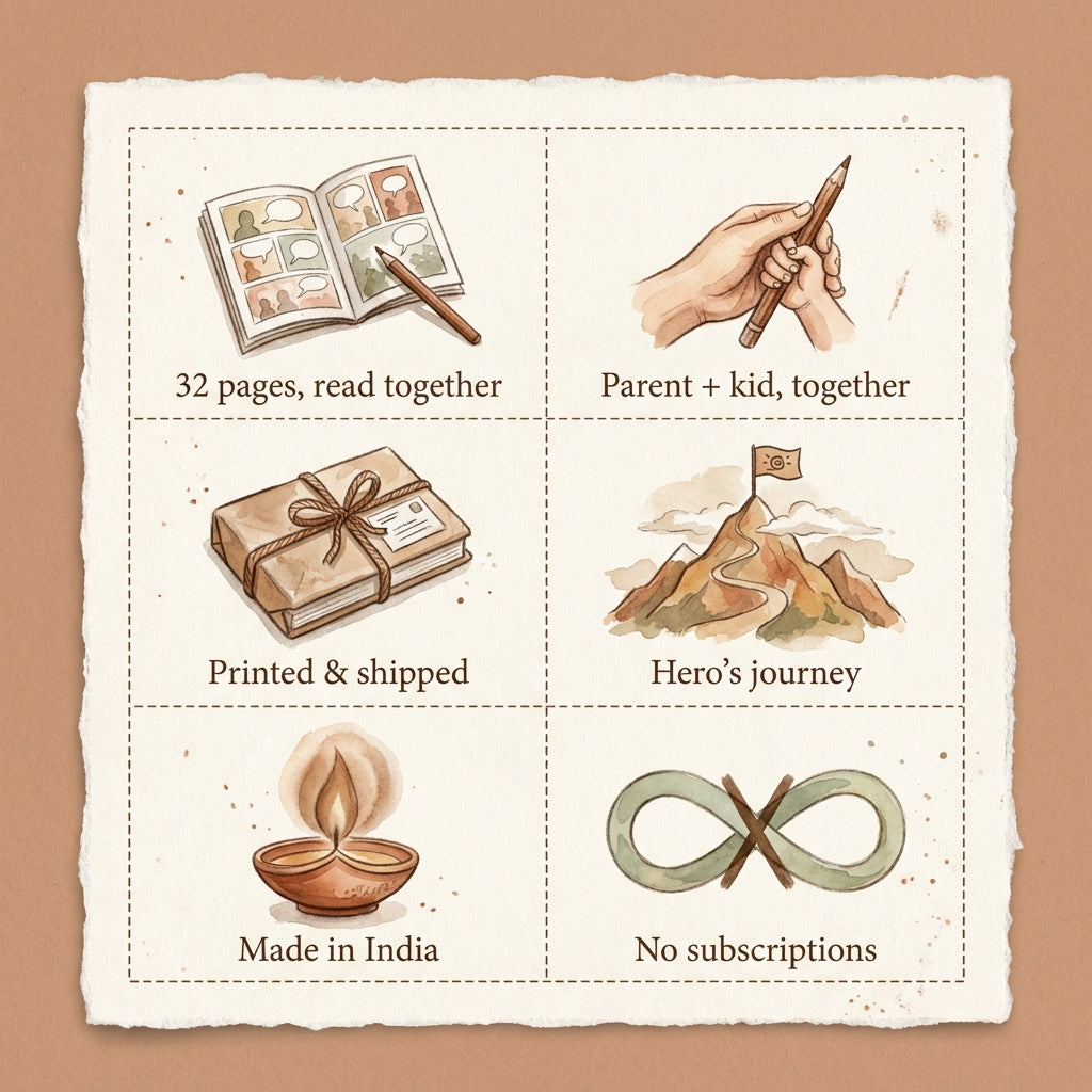 Why parents pick The Founder — 32 pages, parent + kid together, printed & shipped, Heros journey, made in India, no subscriptions